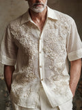 Men's Floral Lace Embroidered Short Sleeve Linen Shirt artswardrobe