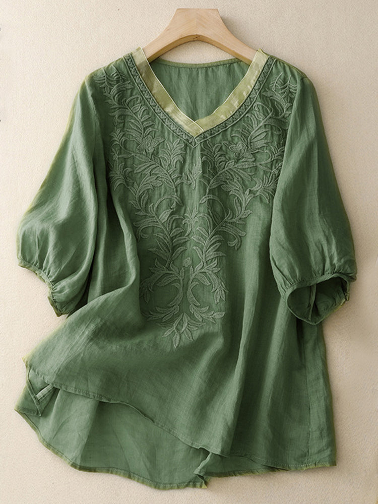 Comstylish Women's Embroidery Pattern Linen Blend Comfort Shirt