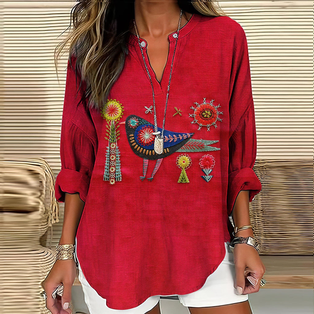 Women's Floral And Bird Embroidery Art Pattern Cotton And Linen V-neck Shirt artswardrobe
