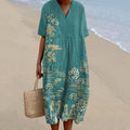 Comstylish Vintage Floral Art Casual V Neck Short Sleeve Midi Dress