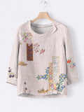 Comstylish Japanese Botanical Flower Embroidery Pattern Women's Linen Lapel Shirt