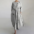 Comstylish Casual Cotton And Linen Crane Print Women'S Round Neck Dress