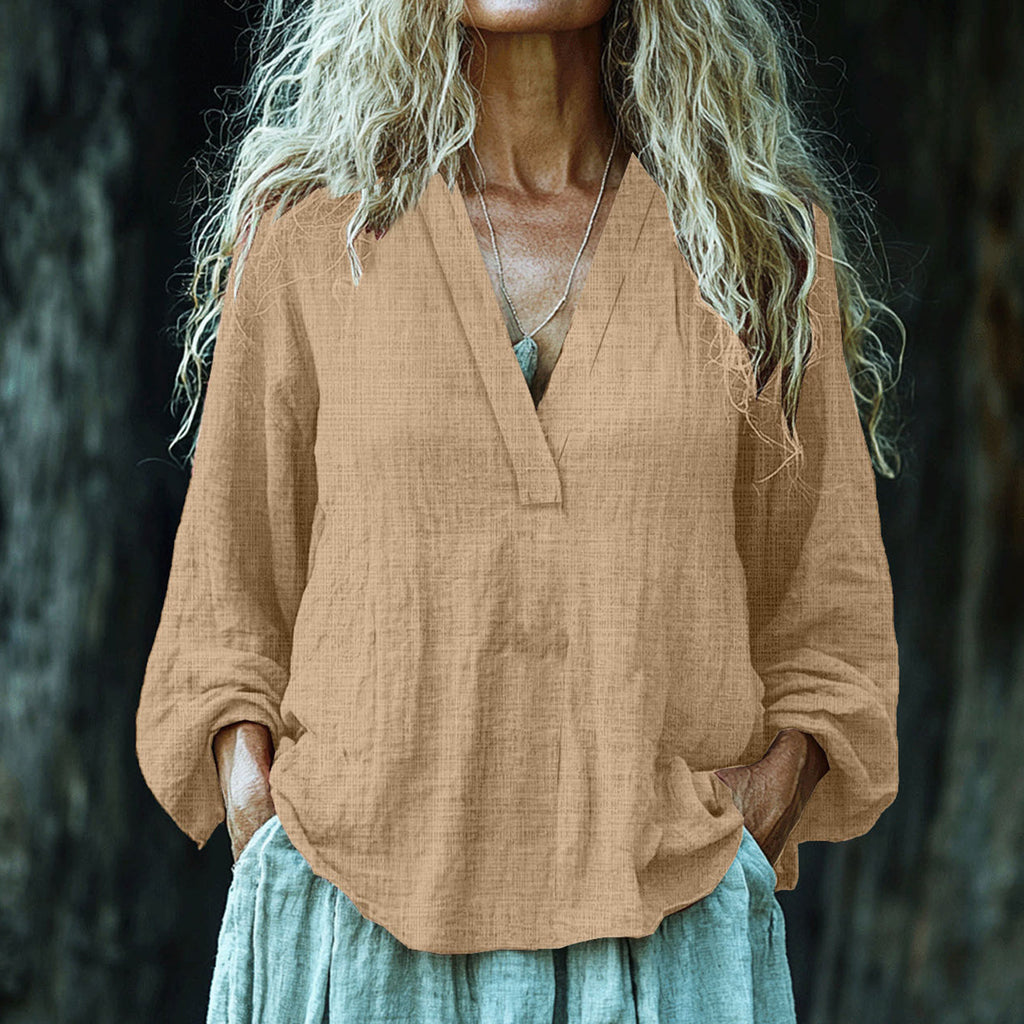 Vintage Elegant Art Linen V Neck Shirt artswardrobe