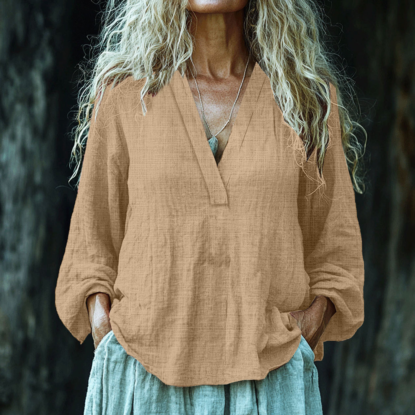 Vintage Elegant Art Linen V Neck Shirt artswardrobe