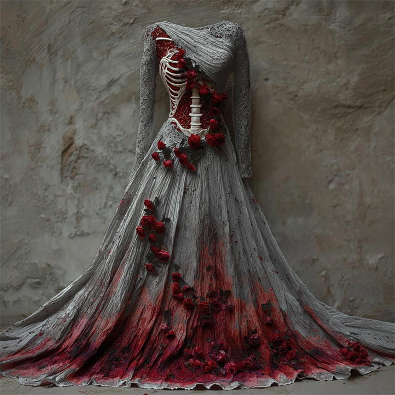 Comstylish Halloween Bloody Red Roses Skeleton Lace Linen Maxi Dress