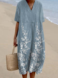 Vintage Lace Art Casual V Neck Midi Dress