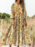 Women's Vintage Folk Floral Art Print Flowy Cotton Crew Neck Dress