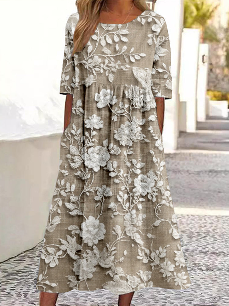 Vintage Lace Floral Embroidered Linen Maxi Dress artswardrobe