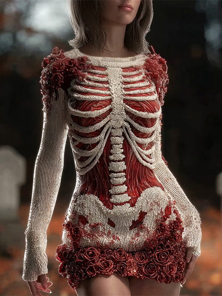 Comstylish Halloween Bloody Skeleton & Floral Art Women's Knit Mini Dress