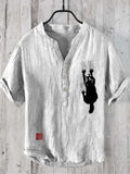 Hanging Cat Print Men's Linen V-Neck Shirt elevenforest