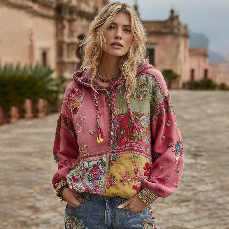 Comstylish Women's Bohemian Floral Embroidery Art And Patchwork Casual Hoodie