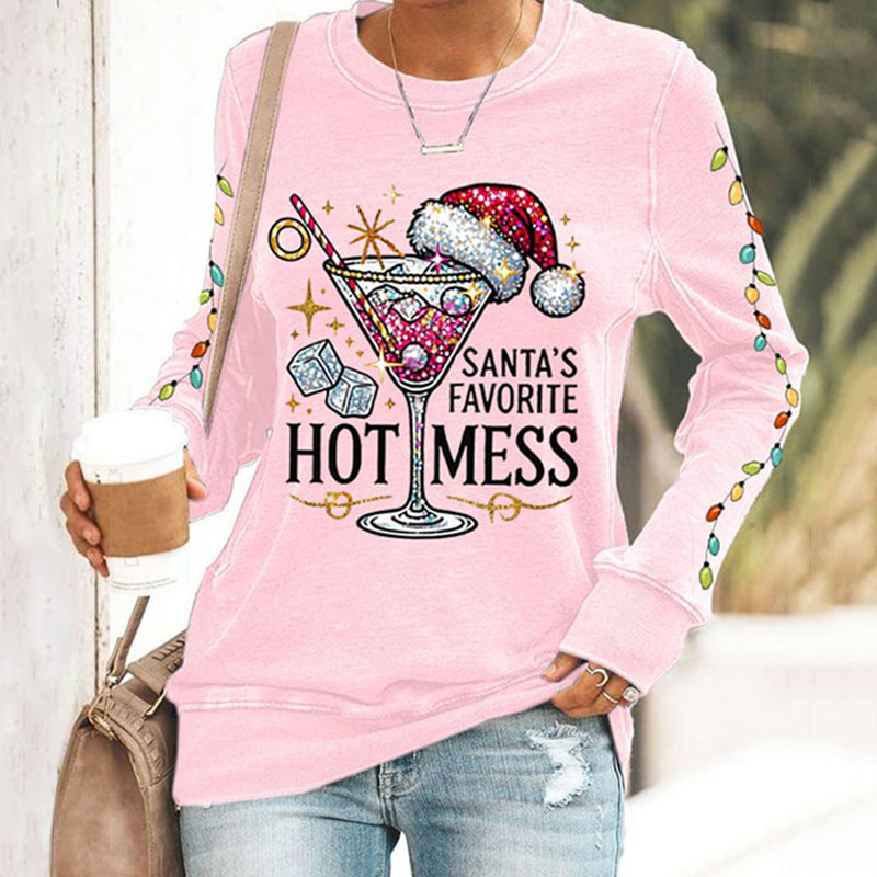 Comstylish Women's Christmas Santa's Favorite Hot Mess Print Crew Neck Sweatshirt