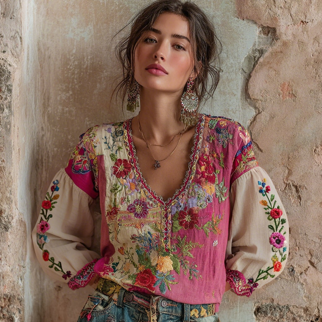Comstylish Women's Bohemian Floral Embroidery Art V-neck Contrast Color Long Sleeve Linen Blend T-shirt