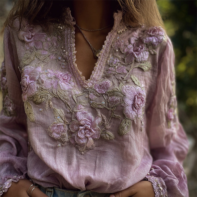 Comstylish Vintage Lavender Flowers Vines Embroidered Linen Tunic