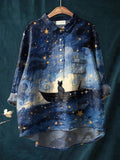 Women's Beautiful Night Sky Little Black Cat Print Casual Cotton And Linen Shirt