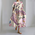 Comstylish Vintage Japanese Art Flower Print Short Sleeve Casual Midi Dress