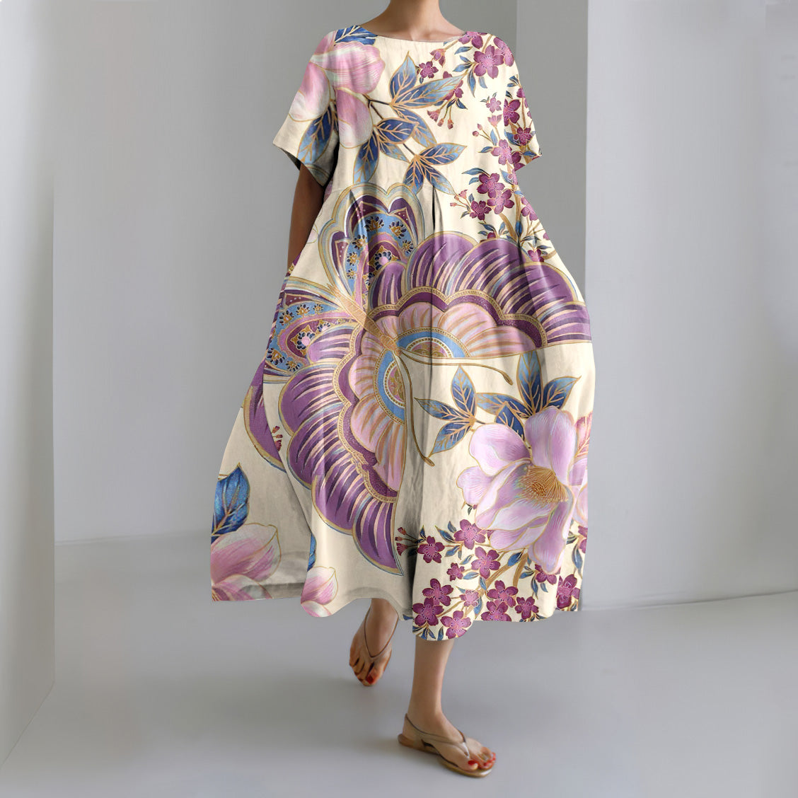 Comstylish Vintage Japanese Art Flower Print Short Sleeve Casual Midi Dress