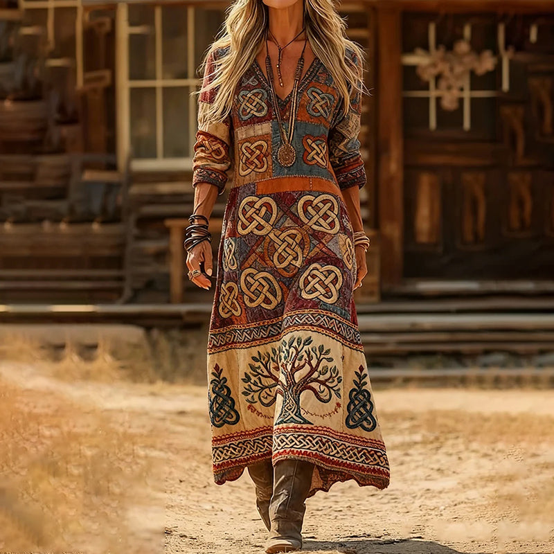 Comstylish Women's Viking Tree Of Life Art Print V-neck Midi Dress