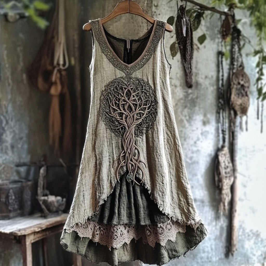 Tribal Tree Of Life Lace Patchwork Art Linen Tank Dress artswardrobe