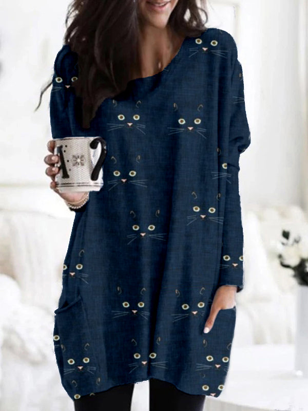 Comstylish Cute Cat Face Pattern Patch Pocket Comfy Tunic