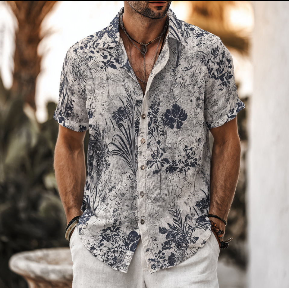 Bohemian Style Plant And Flower Pattern Men's Retro Cotton And Linen Shirt artswardrobe