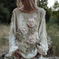 Comstylish Vintage Pink Flowers Fiber Art Beaded Flowy Linen Tunic