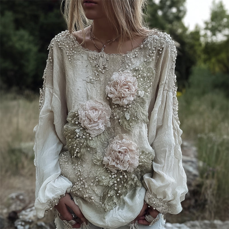 Vintage Pink Flowers Fiber Art Beaded Flowy Linen Tunic