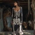 Comstylish Vintage Skeleton White Floral Beaded Linen Maxi Dress