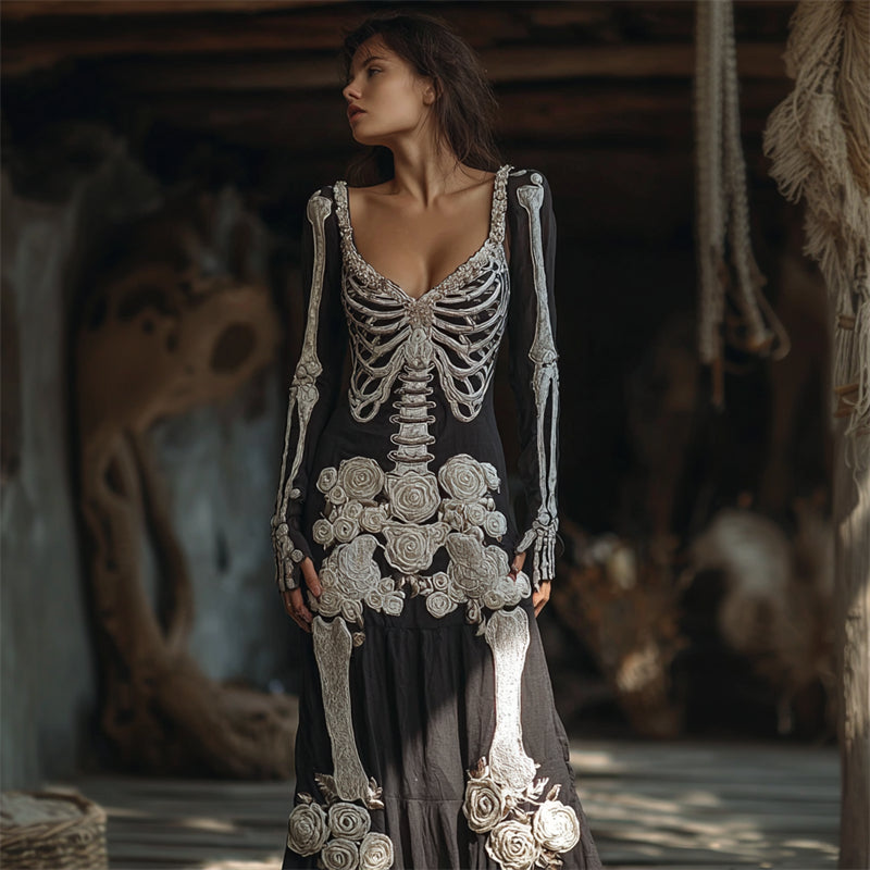 Comstylish Vintage Skeleton White Floral Beaded Linen Maxi Dress