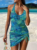 Vintage Peacock Feather Print Pleated Drawstring V-neck Tankini Pantskirt Set Swimsuit