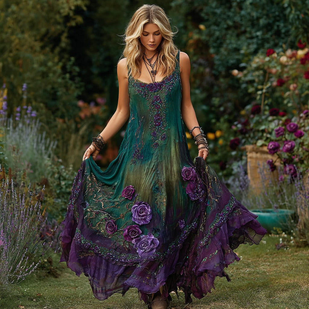 Women's Vintage Floral Embroidered Linen Maxi Dress artswardrobe