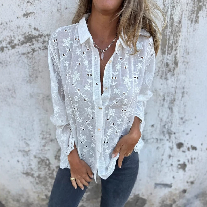 Comstylish New Embroidered Lace Cotton Linen Women's Shirt