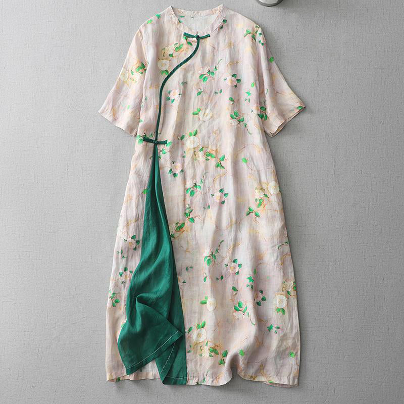 Comstylish Vintage Japanese Art Floral Button Cotton Linen Maxi Dress