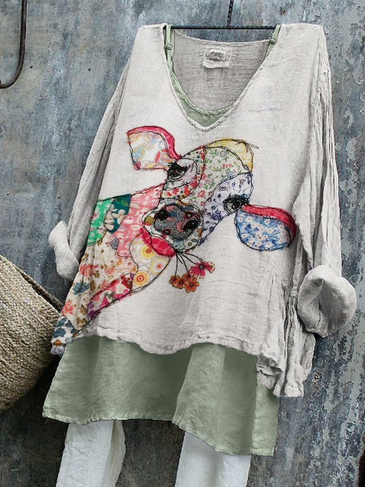 Comstylish Peeking Cow Cottage Floral Patchwork Linen Tunic