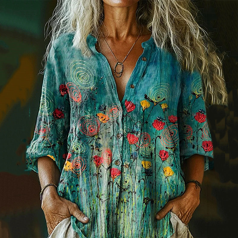Women's Floral Art Long Sleeve  Casual Linen Henley Collar Shirt artswardrobe