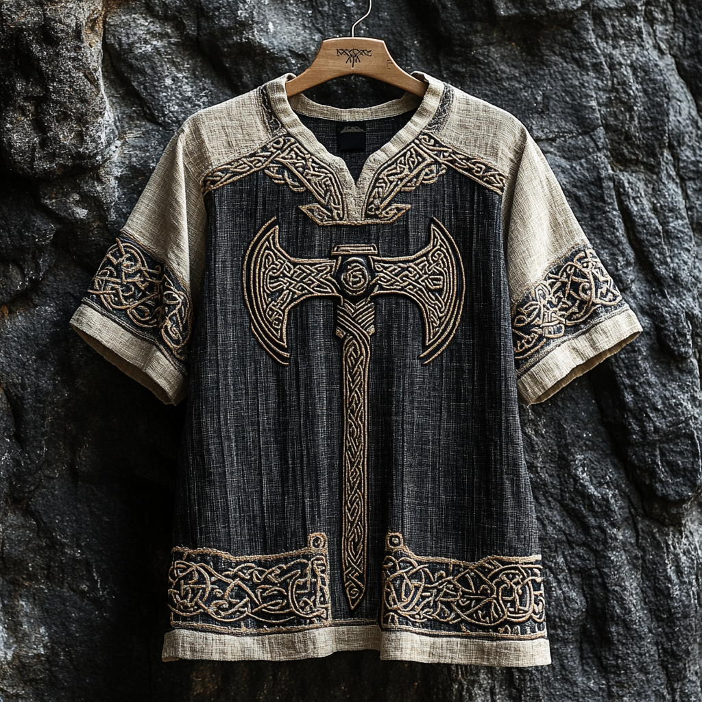 Men's Viking Runes Axe Celtic Patchwork Art Linen Shirt artswardrobe