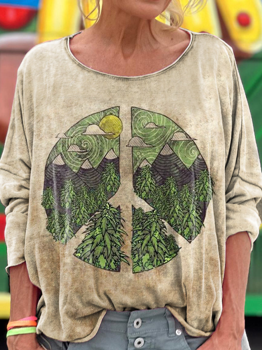 Women's Vintage Hippie Art Print Casual Long Sleeve T-shirt