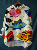 Women's Colorful Fun Cartoon Fish Print Casual Cotton And Linen Shirt
