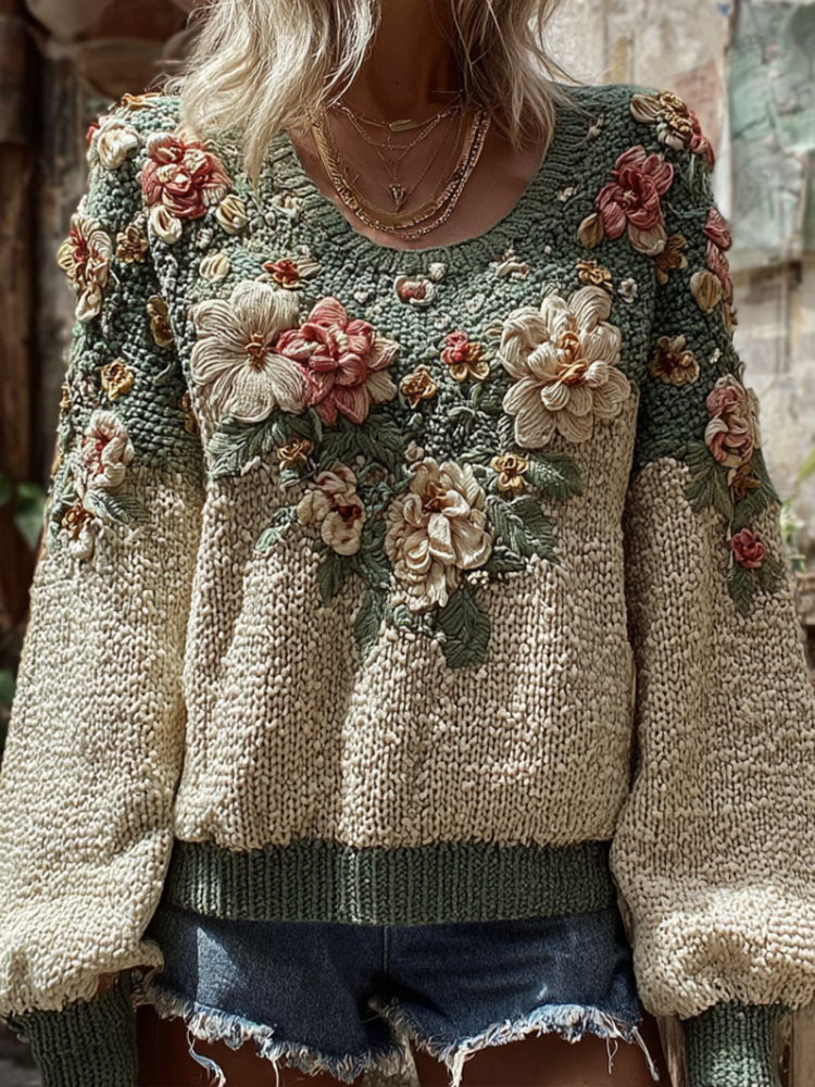 Bohemian Style Plant And Flower Embroidery Pattern Women's Round Neck Knitted Sweater