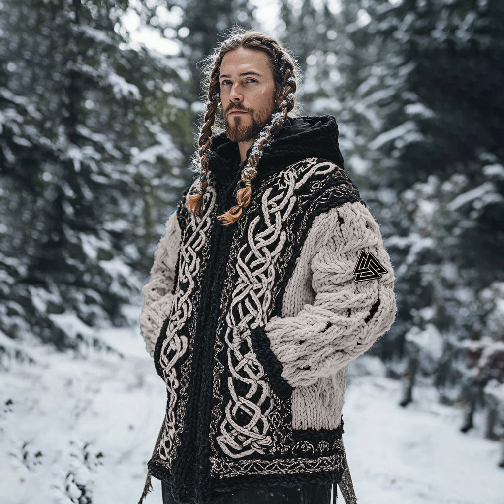 Men's Viking Tribal Jacquard Celtic Chunky Knit Zipper Hooded Cardigan elevenforest