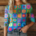 Women's Retro Abstraction Art Print Casual V-neck Long Sleeve T-shirt