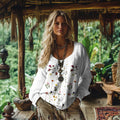 Comstylish Retro Bohemian Resort Floral Pattern Art Embroidery Print Cotton And Linen Blend Loose Blouse