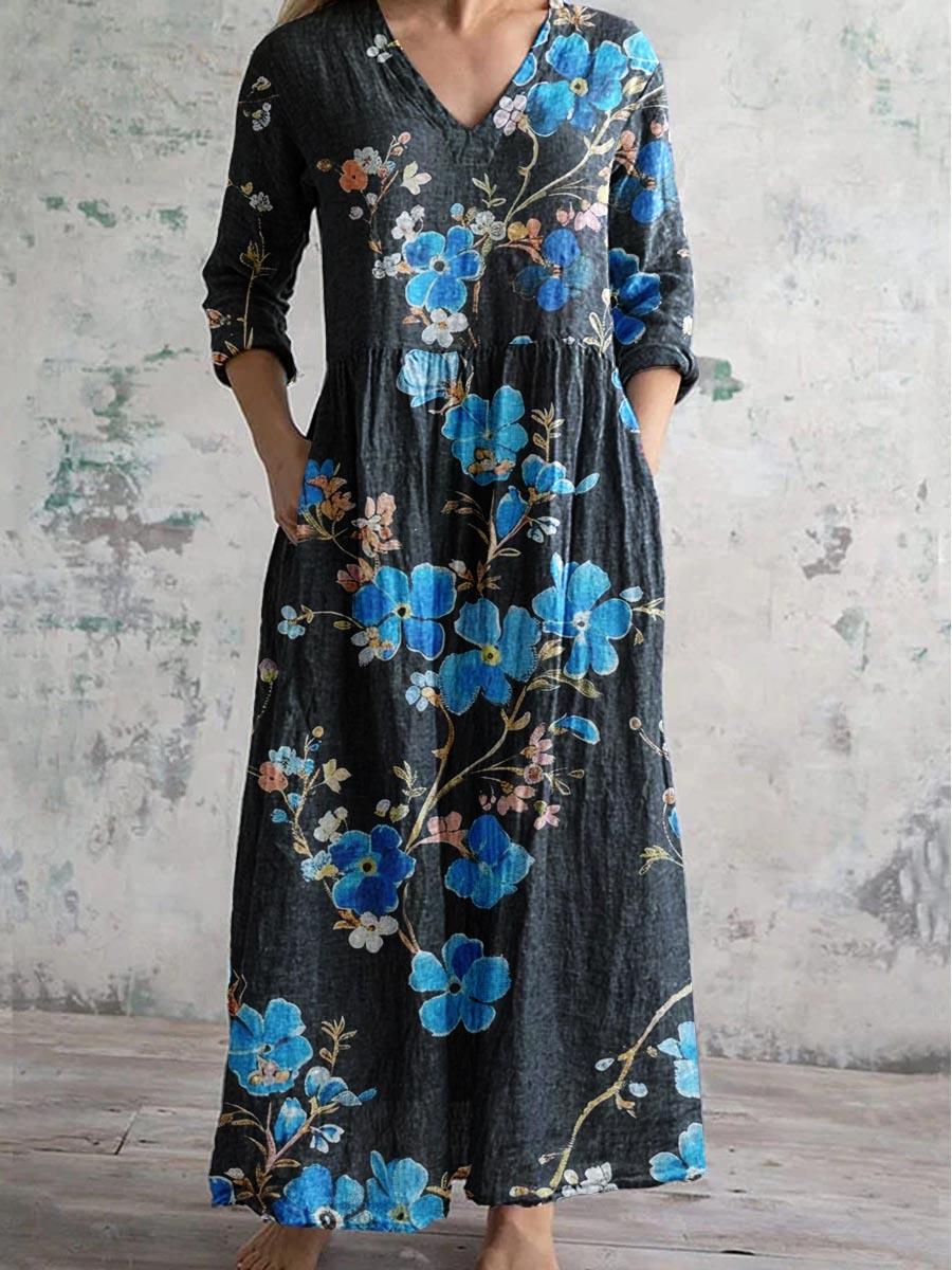 Women's Retro Floral Pattern Cotton And Linen Dress