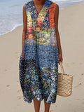 Vintage Floral Patchwork Art Linen And Cotton V Neck Tank Dress artswardrobe