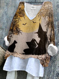 Comstylish Women's Halloween Witch Night Pattern Linen Blend Shirt