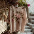 Vintage Pink Floral Art Pattern Linen T-shirt artswardrobe