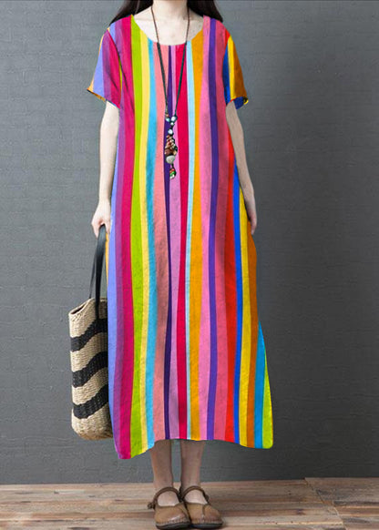 Loose Yellow Geometric O-neck Patchwork Pockets Summer Holiday Dress Short Sleeve