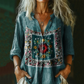 Women's Bohemian Floral Art Casual Linen Henley Collar Shirt artswardrobe