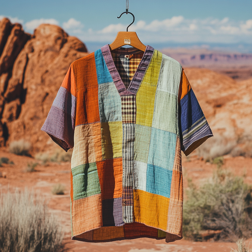 Men's Contrast Colors And Strip Patchwork Sun Linen T-shirt artswardrobe