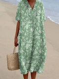 Women's Resort Style Rose Pattern Cotton And Linen V-Neck Dress